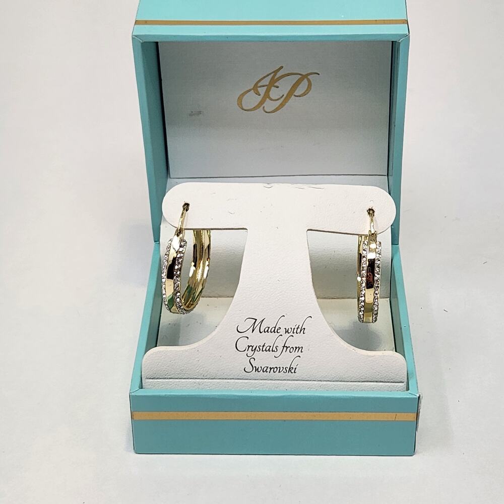 Jenni Park Swarovski Crystal Gold Tone Round Hoop 1" Earrings Lightweight New